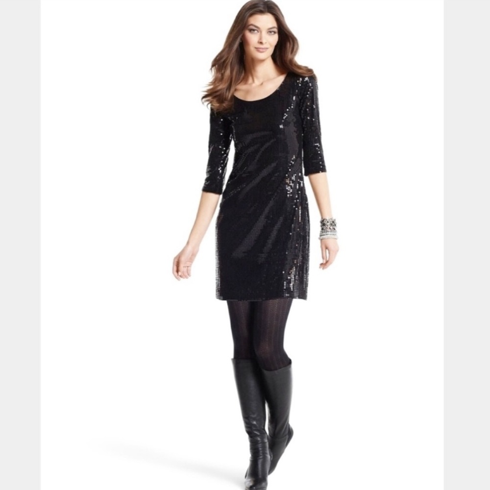 White House Black Market Classic Black Sequin Cocktail Shift Dress Size XS